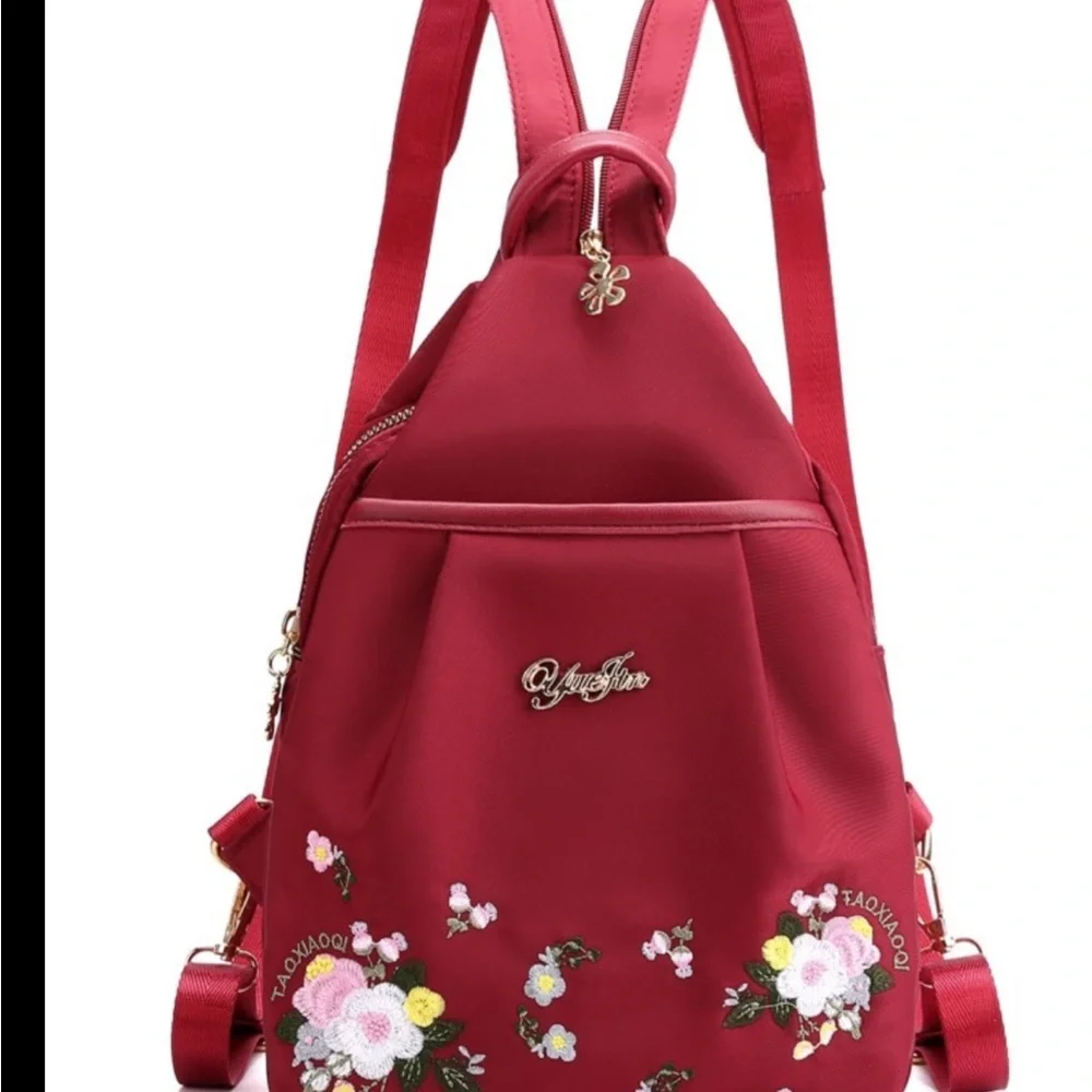 9. Yuejin Backpack in Red with Embroidered Flowers